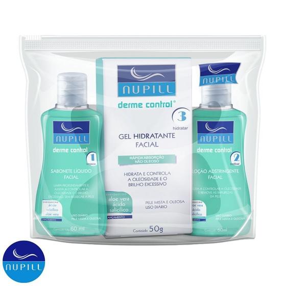 Kit Nupill Travel Derme Control Skin Care Sabonete Facial + Gel Hidratante + Loção Adstringente Imagem de Kit Nupill Travel Derme Control Skin Care Sabonete Facial + Gel Hidratante + Loção Adstringente