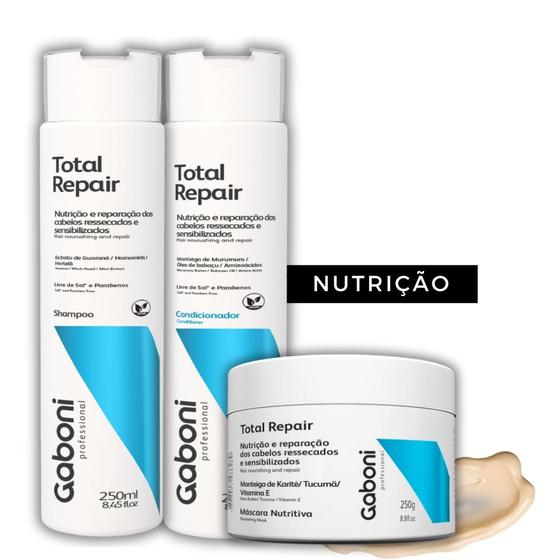 Imagem de Kit Nutrição e Reparação Imediata Shampoo + Condicionador + Máscara 250g Total Repair Gaboni