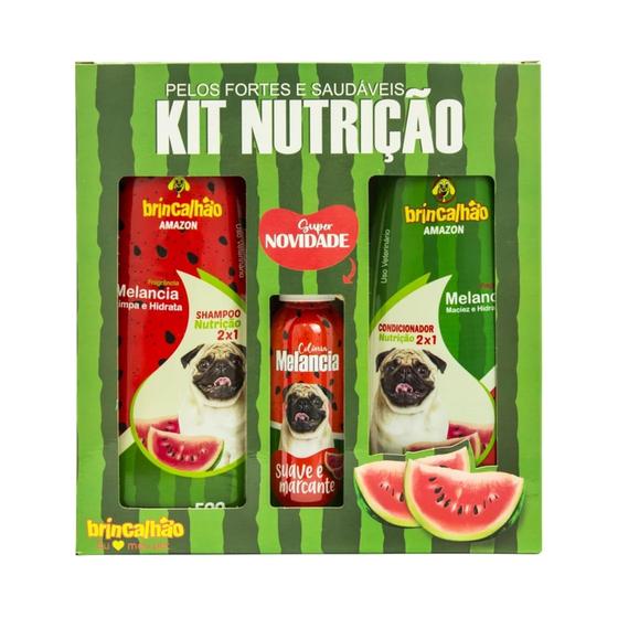 Imagem de Kit Nutrição Shampoo Condicionador e Colônia Perfume Cães e Gatos Melancia Brincalhão