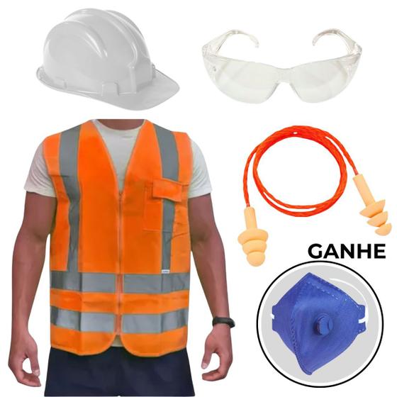 Imagem de Kit Obra Capacete de Proteção Protetor Auricular Óculos de Segurança Cromo Oval Colete Refletivo Ganhe Máscara PFF2