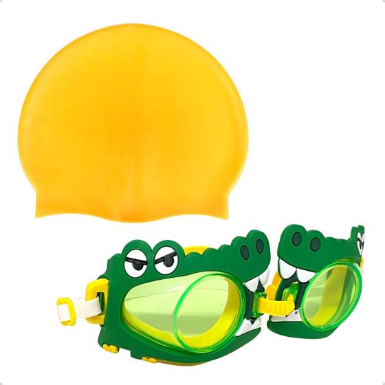 Imagem de Kit Óculos De Natação Crocodilo Baby Shark Golfinho Piscina + Touca Touquinha Toca De Mergulho Infantil Para Crianças