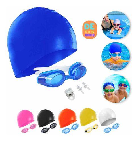 Imagem de Kit óculos de natação infantil com protetores e touca
