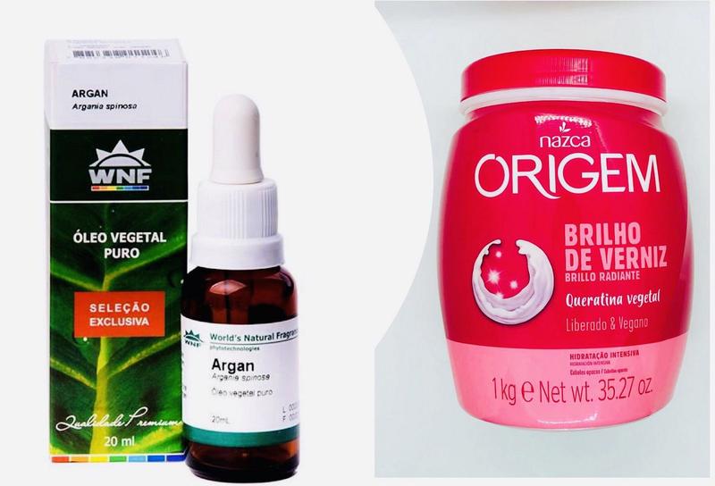 Imagem de KIT ÓLEO ARGAN  WNF 20ml + CREME TRATAMENTO NAZCA ORIGEM BRILHO DE VERNIZ 1Kg QUERATINA VEGETAL