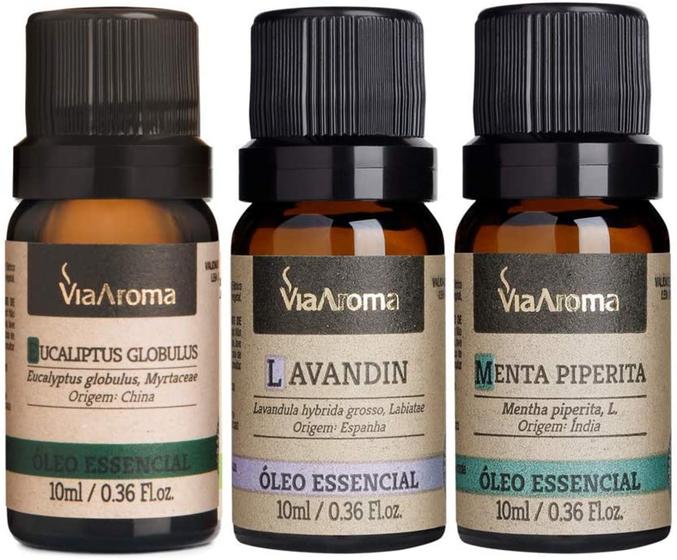 Imagem de Kit Óleo Essencial Lavanda 100% Natural Via Aroma 10ml Menta Piperita Eucaliptus Laranja Doce