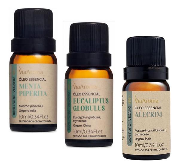 Imagem de Kit Óleo Essencial Via Aroma Melhora Respiração Sinusite Bronquite Alecrim Menta Eucaliptus