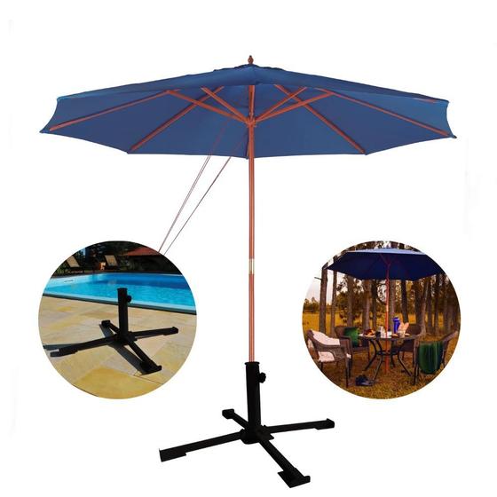 Imagem de Kit Ombrelone Guarda Sol Piscina Madeira 2,4m Azul + Base Dobravel  Mor 