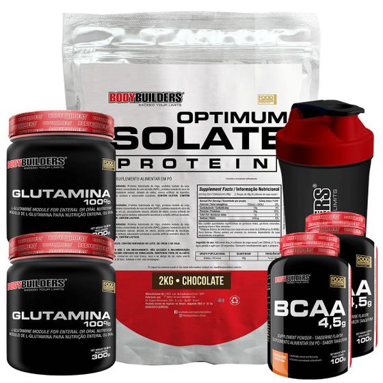 Imagem de Kit Optimum Isolate Whey Protein 2kg + 2x BCAA 100g + 2x Glutamina 300g + Coqueteleira - Bodybuilders