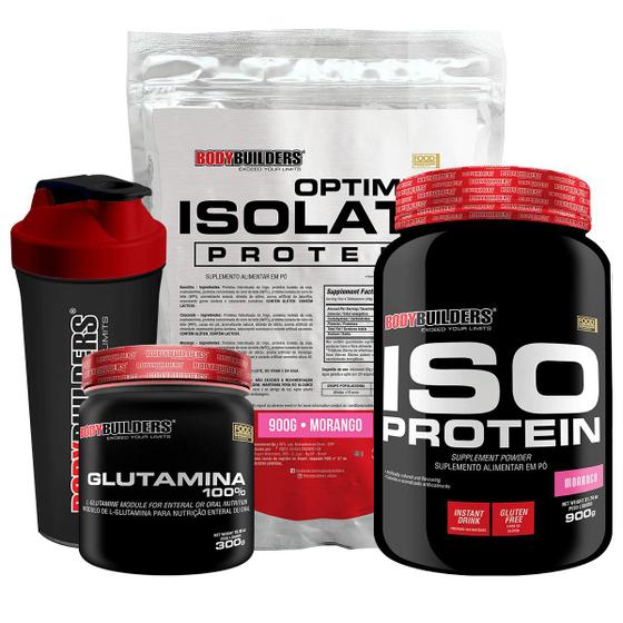 Imagem de Kit Optimum Isolate Whey Protein 900g + Iso Protein 900g Baunilha + Glutamina 300g + Coqueteleira - Bodybuilders