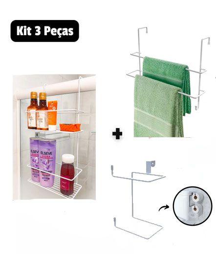 Imagem de Kit Organizador Conjunto para Banheiro Suporte Shampoo  Porta Toalha Suporte Papel Caixa Acoplada Branco
