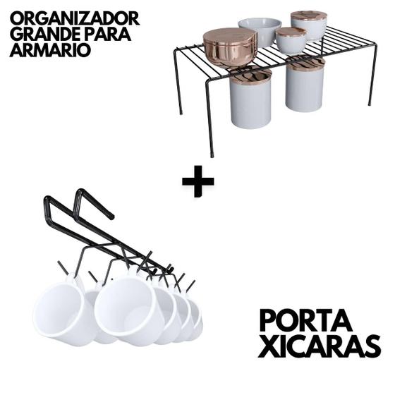 Imagem de Kit Organizador De Armário Prateleira Cozinha Grande E Suporte De Xícaras