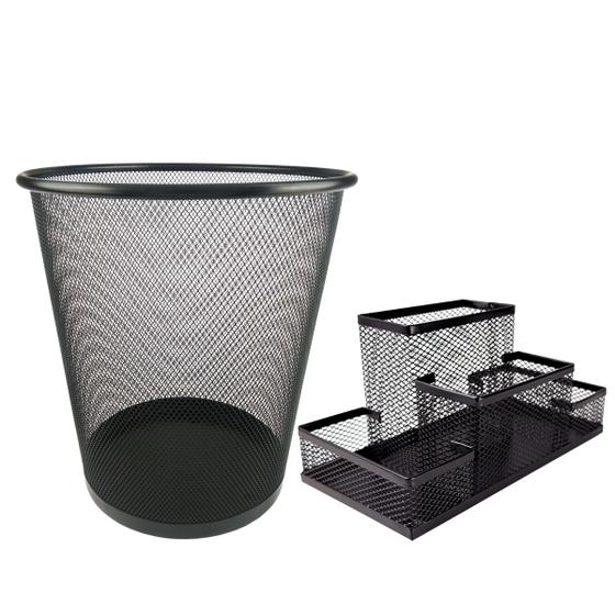 Kit Organizador de Mesa e Lixeira de Escritório, Porta caneta lápis, Porta treco, Lixeira Aramada 10l Preto - Markys Store