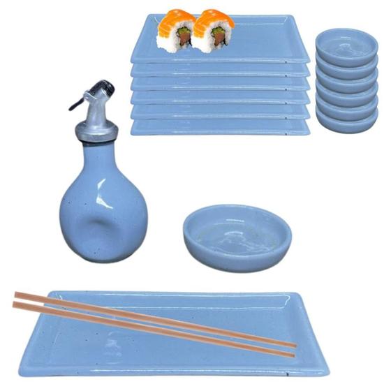 Imagem de Kit Oriental Azul Sushi em casa 6 Pessoas Molheira 110ml