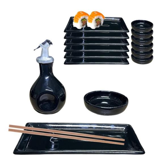 Imagem de Kit Oriental Preto Sushi em casa 2 Pessoas Molheira 110ml