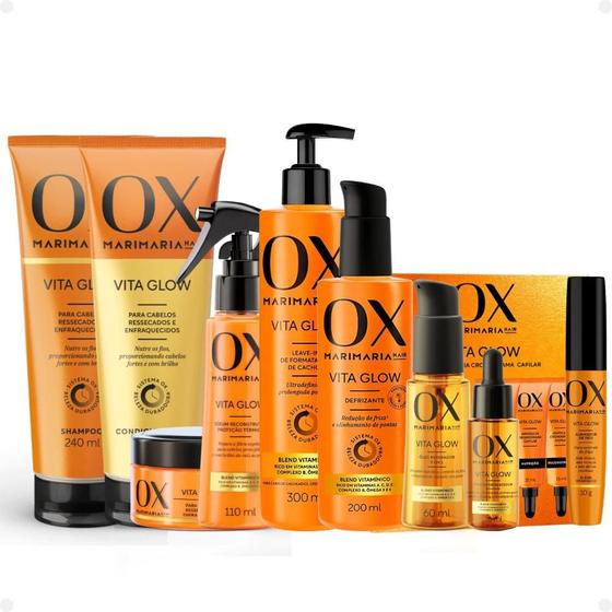 Imagem de Kit Ox Mari Maria Hair Vita Glow: Shampoo, Condicionador, Máscara, Ampola, Sérum, Leave-In, Defrizante, Óleo, Tônico e Alinhador de Fios