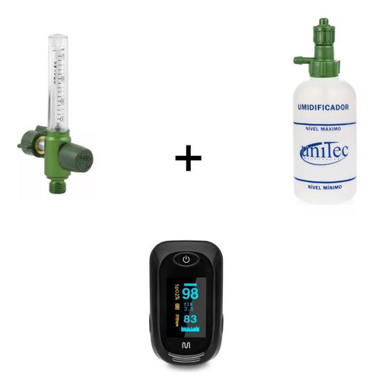 Imagem de Kit Oxigênio - Fluxômetro Para Cilindro De Oxigênio + Frasco Umidificador Para Fluxômetro + Oximetro De Dedo Saturimetro