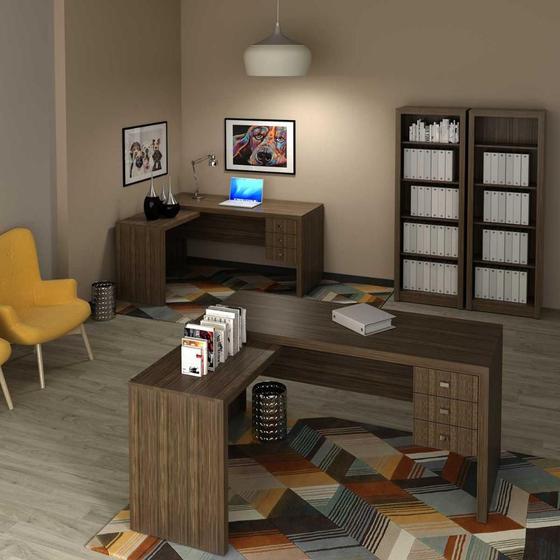 Imagem de Kit P/ Escritório Com 2 Mesas em L 6 Gavetas e 2 Estantes No