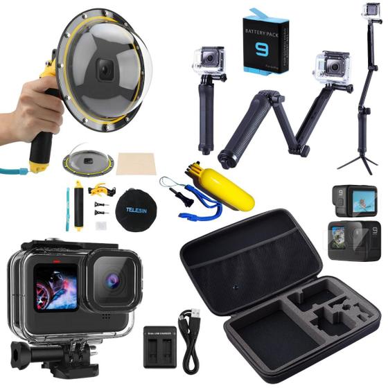 Kit P Gopro Hero 10 9 Black Mala Dome Estanque Película Menor preço em Kit P Gopro Hero 10 9 Black Mala Dome Estanque Película