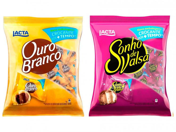Kit Pacote de Bombom Chocolate Sonho de Valsa - 1kg Lacta + Pacote de Bombom Ouro Branco 1kg