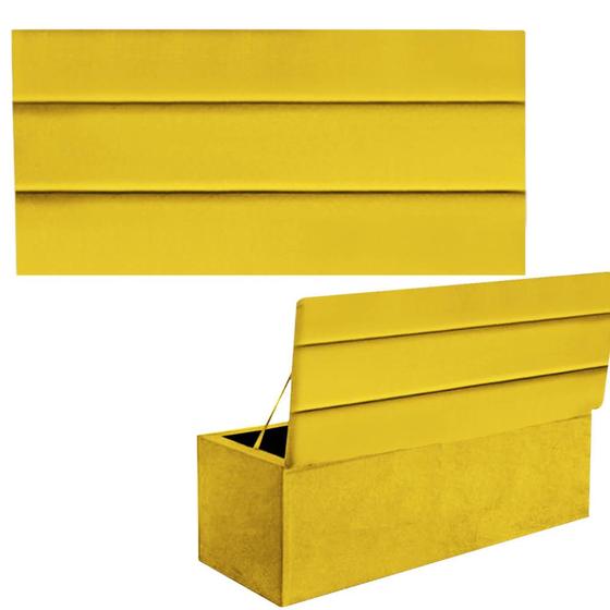 Imagem de Kit Painel Cabeceira Estofada e Calçadeira Baú Recamier Argent 100cm Solteiro Sintético Amarelo - Ahz Móveis