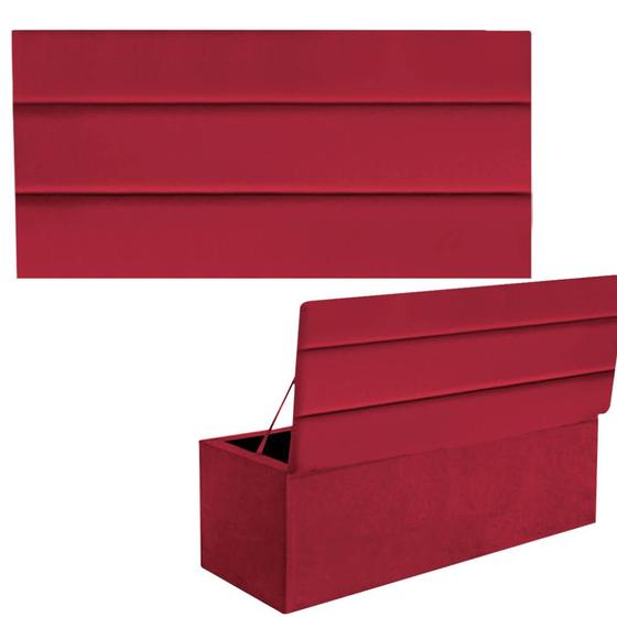 Imagem de Kit Painel Cabeceira Estofada e Calçadeira Baú Recamier Argent 100cm Solteiro Suede Vermelho - Ahz Móveis