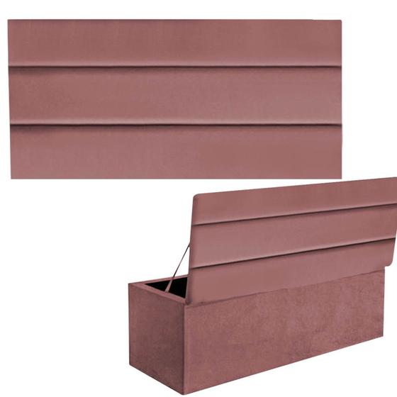 Imagem de Kit Painel Cabeceira Estofada e Calçadeira Baú Recamier Argent 195cm King Size Suede Rose Gold - Ahazzo Móveis