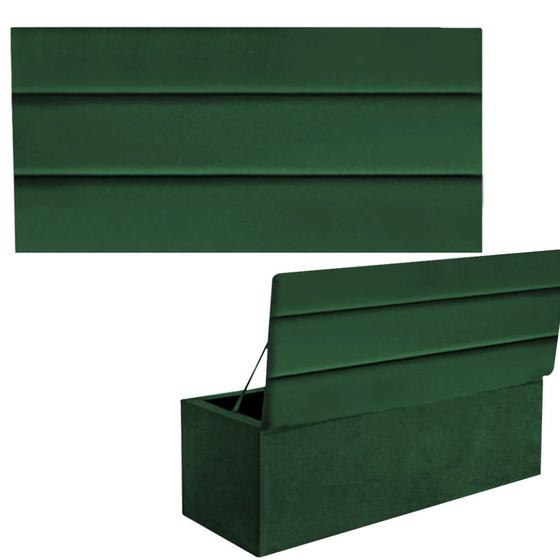 Imagem de Kit Painel Cabeceira Estofada e Calçadeira Baú Recamier Argent 90cm Solteiro Suede Verde Musgo - Ahazzo Móveis