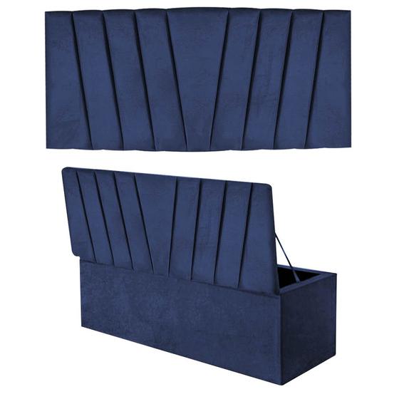 Imagem de Kit Painel Cabeceira Estofada e Calçadeira Baú Recamier Bélgica 140cm Casal Padrão Suede Azul Marinho - Ahazzo Móveis