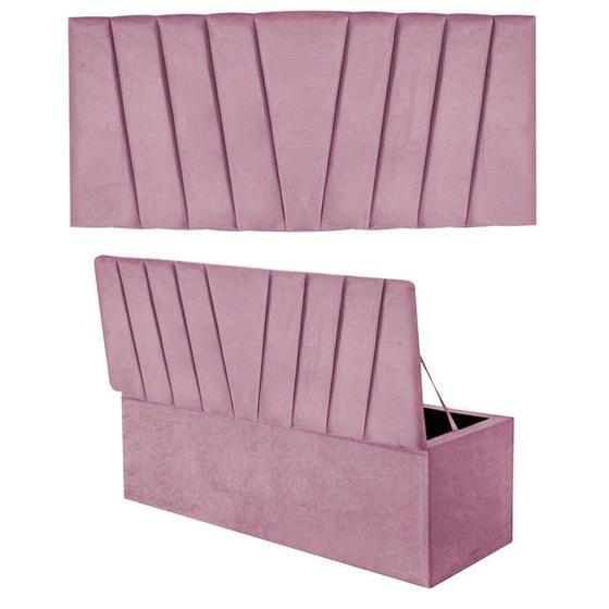 Imagem de Kit Painel Cabeceira Estofada e Calçadeira Baú Recamier Bélgica 140cm Casal Padrão Suede Rosa Bebê - Ahazzo Móveis