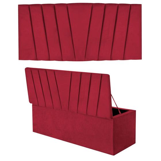 Imagem de Kit Painel Cabeceira Estofada e Calçadeira Baú Recamier Bélgica 160cm Queen Size Sintético Vermelho - Ahazzo Móveis