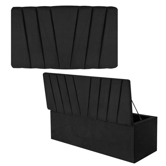 Imagem de Kit Painel Cabeceira Estofada e Calçadeira Baú Recamier Bélgica 90cm Solteiro Suede Preto - Ahazzo Móveis