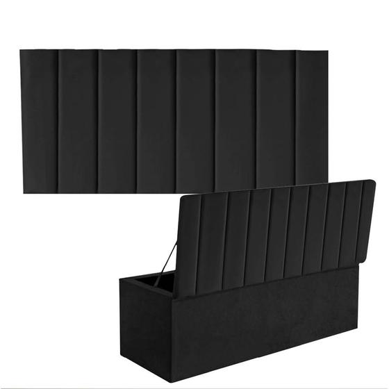 Imagem de Kit Painel Cabeceira Estofada e Calçadeira Baú Recamier Carla 100cm Solteiro Suede Preto - Ahz Móveis