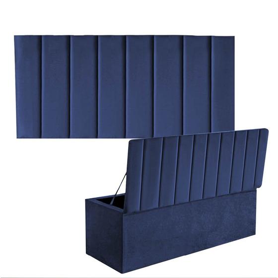 Imagem de Kit Painel Cabeceira Estofada e Calçadeira Baú Recamier Carla 195cm King Size Suede Azul Marinho - Ahazzo Móveis