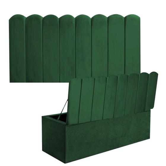 Imagem de Kit Painel Cabeceira Estofada e Calçadeira Baú Recamier Dallas 100cm Solteiro Suede Verde Musgo - Ahazzo Móveis