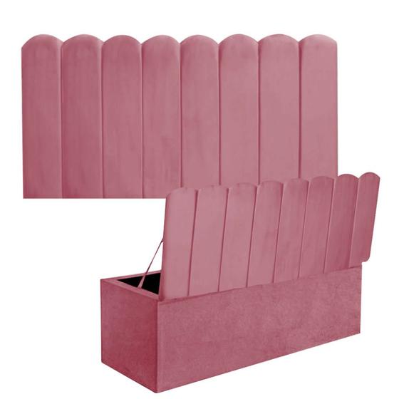 Imagem de Kit Painel Cabeceira Estofada e Calçadeira Baú Recamier Dallas 195cm King Size Suede Rosa Bebê - Ahazzo Móveis