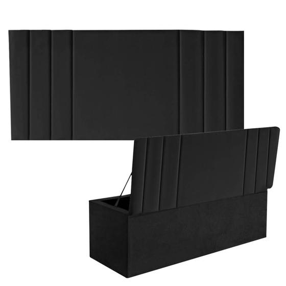 Imagem de Kit Painel Cabeceira Estofada e Calçadeira Baú Recamier Grécia 100cm Solteiro material sintético Preto - Ahazzo Móveis