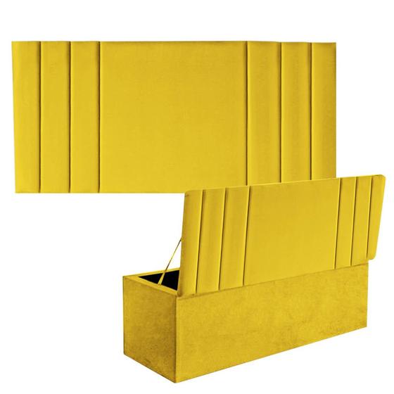 Imagem de Kit Painel Cabeceira Estofada e Calçadeira Baú Recamier Grécia 140cm Casal Padrão material sintético Amarelo - Ahazzo Móveis