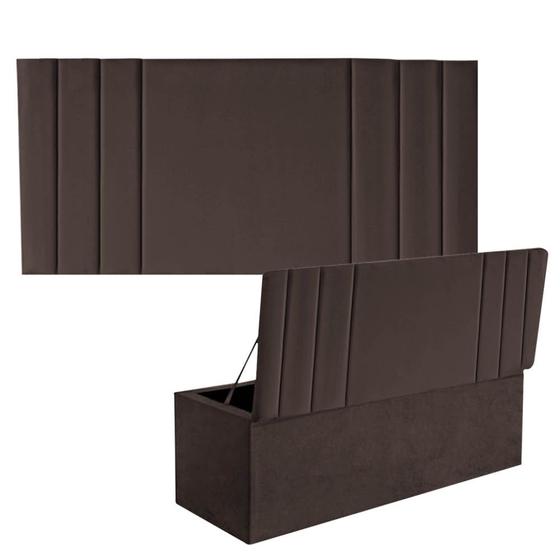 Imagem de Kit Painel Cabeceira Estofada e Calçadeira Baú Recamier Grécia 140cm Casal Padrão Suede Marrom - Ahz Móveis