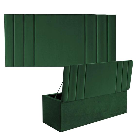 Imagem de Kit Painel Cabeceira Estofada e Calçadeira Baú Recamier Grécia 140cm Casal Padrão Suede Verde Musgo - Ahazzo Móveis