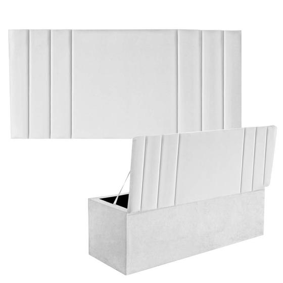 Imagem de Kit Painel Cabeceira Estofada e Calçadeira Baú Recamier Grécia 160cm Queen Size Suede Branco - Ahazzo Móveis