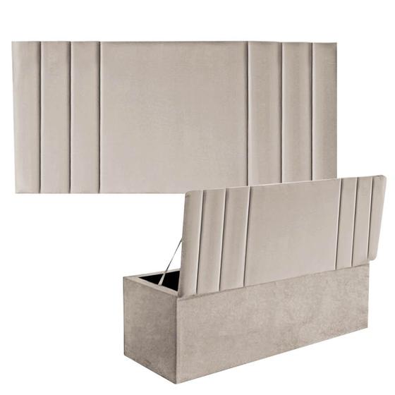 Imagem de Kit Painel Cabeceira Estofada e Calçadeira Baú Recamier Grécia 195cm King Size material sintético Bege - Ahazzo Móveis