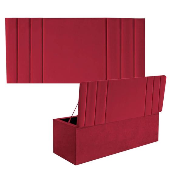 Imagem de Kit Painel Cabeceira Estofada e Calçadeira Baú Recamier Grécia 90cm Solteiro Suede Vermelho - Ahz Móveis