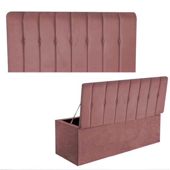 Imagem de Kit Painel Cabeceira Estofada e Calçadeira Baú Recamier Kiara 140cm Casal Padrão Suede Rose Gold - Ahz Móveis