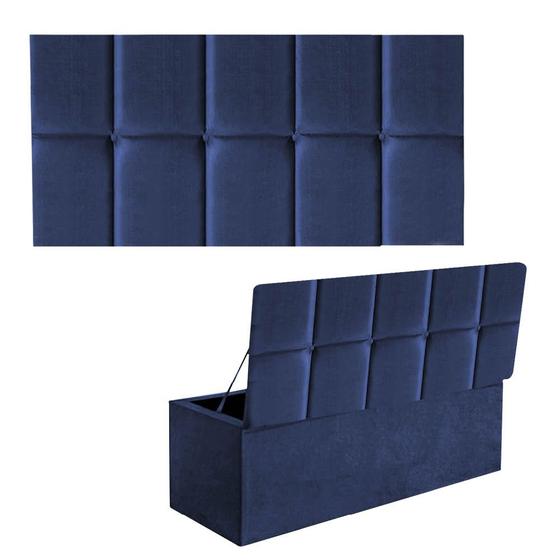 Imagem de Kit Painel Cabeceira Estofada e Calçadeira Baú Recamier Turquia 100cm Solteiro Suede Azul Marinho - Ahazzo Móveis