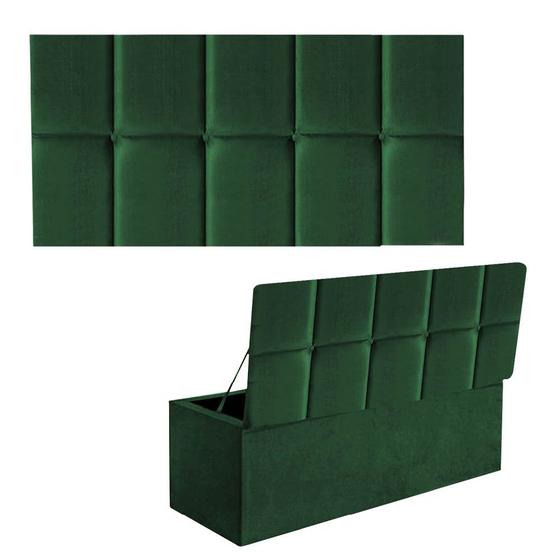 Imagem de Kit Painel Cabeceira Estofada e Calçadeira Baú Recamier Turquia 100cm Solteiro Suede Verde Musgo - Ahz Móveis