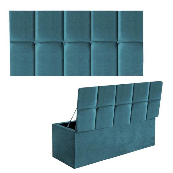 Imagem de Kit Painel Cabeceira Estofada e Calçadeira Baú Recamier Turquia 140cm Casal Padrão Suede Azul Turquesa - Ahazzo Móveis