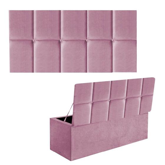 Imagem de Kit Painel Cabeceira Estofada e Calçadeira Baú Recamier Turquia 90cm Solteiro Suede Rosa Bebê - Ahz Móveis