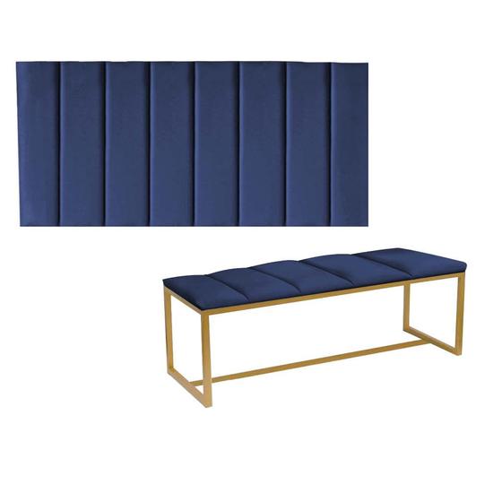 Imagem de Kit Painel Carla e Calçadeira Industrial 100cm Solteiro Box Ferro Dourado material sintético Azul Marinho - Ahz Móveis