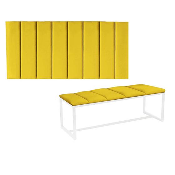 Imagem de Kit Painel Carla e Calçadeira Industrial 140cm Casal Box Ferro Branco Sintético Amarelo - Ahz Móveis