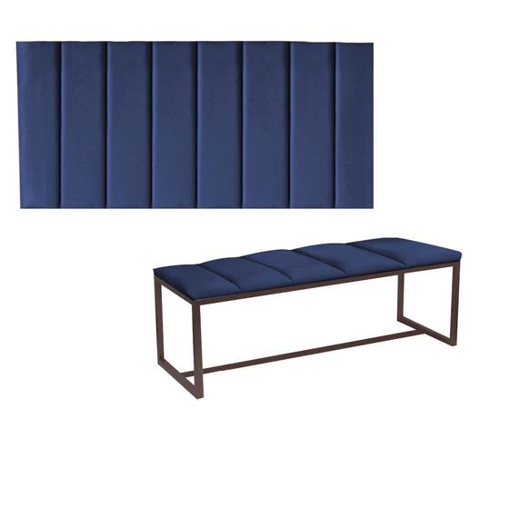 Imagem de Kit Painel Carla e Calçadeira Industrial 140cm Casal Box Ferro Marrom material sintético Azul Marinho - Ahz Móveis