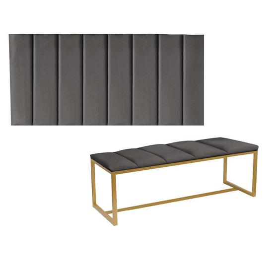 Imagem de Kit Painel Carla e Calçadeira Industrial 160cm Queen Size Box Ferro Dourado Sintético Cinza Escuro - Ahz Móveis